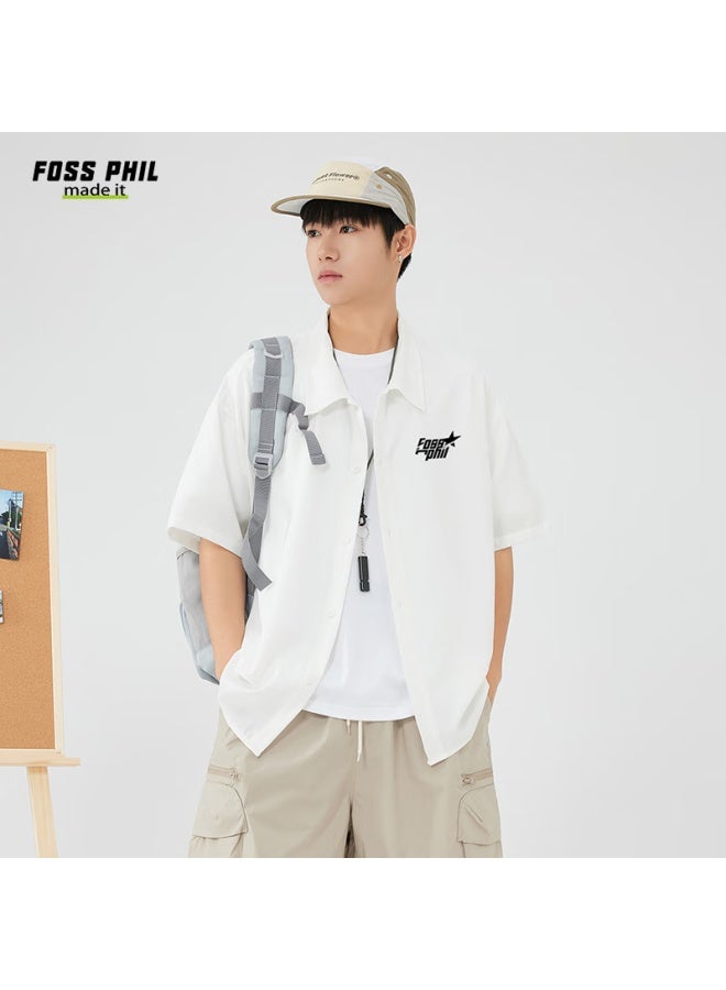 Foss Phil Men's Short Sleeve Shirt Summer Shirt Men's Trendy Printed Casual Jacket Loose Top Fpcs2 White M - Image 4