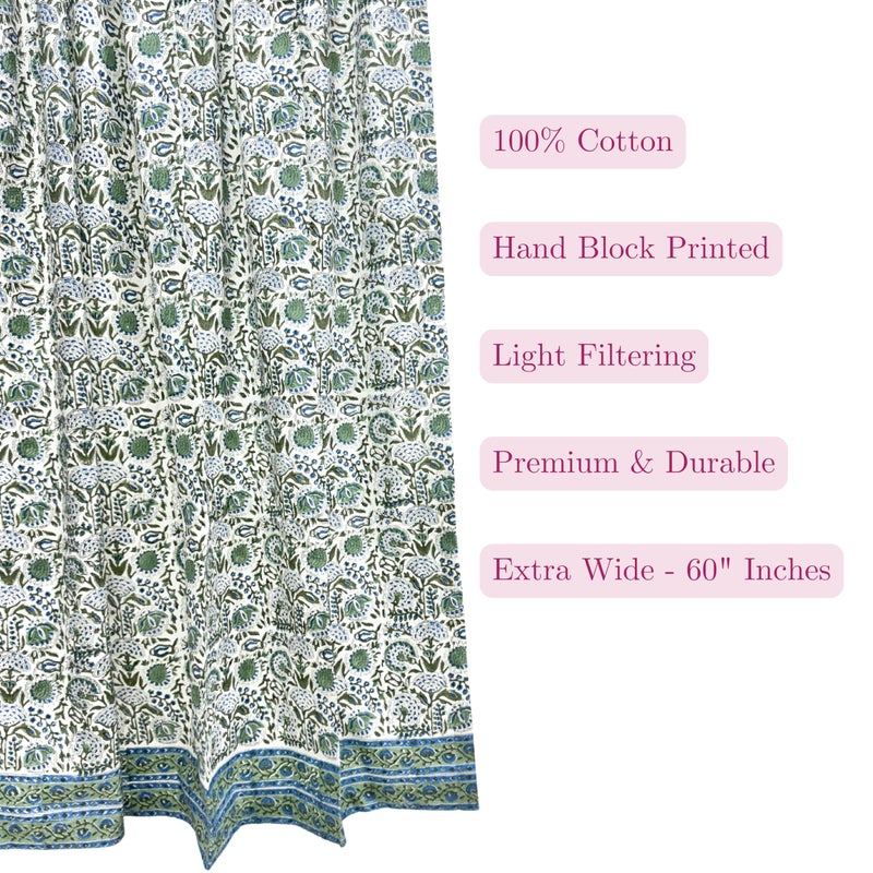 ATOSII 100% Cotton Single Panel Floral Block Print Curtain, Easy Hanging with Rod Pocket & Loop, Living Room, Dining Room, Bedroom Light Filtering Boho Curtains, Set of 1, 60" W X 84" L, Clover Blue - Image 2