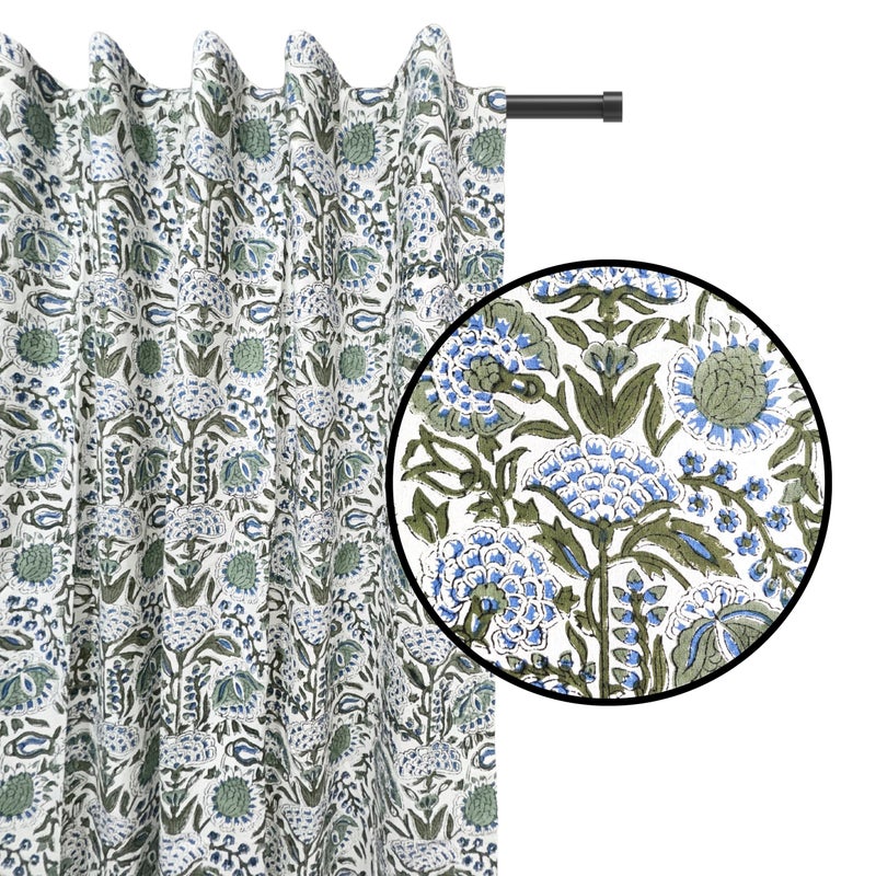 ATOSII 100% Cotton Single Panel Floral Block Print Curtain, Easy Hanging with Rod Pocket & Loop, Living Room, Dining Room, Bedroom Light Filtering Boho Curtains, Set of 1, 60" W X 84" L, Clover Blue - Image 1
