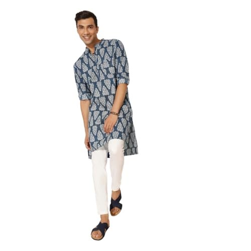 Fabindia Men's Cotton Slim Kurta (102442201_Indigo - Image 1