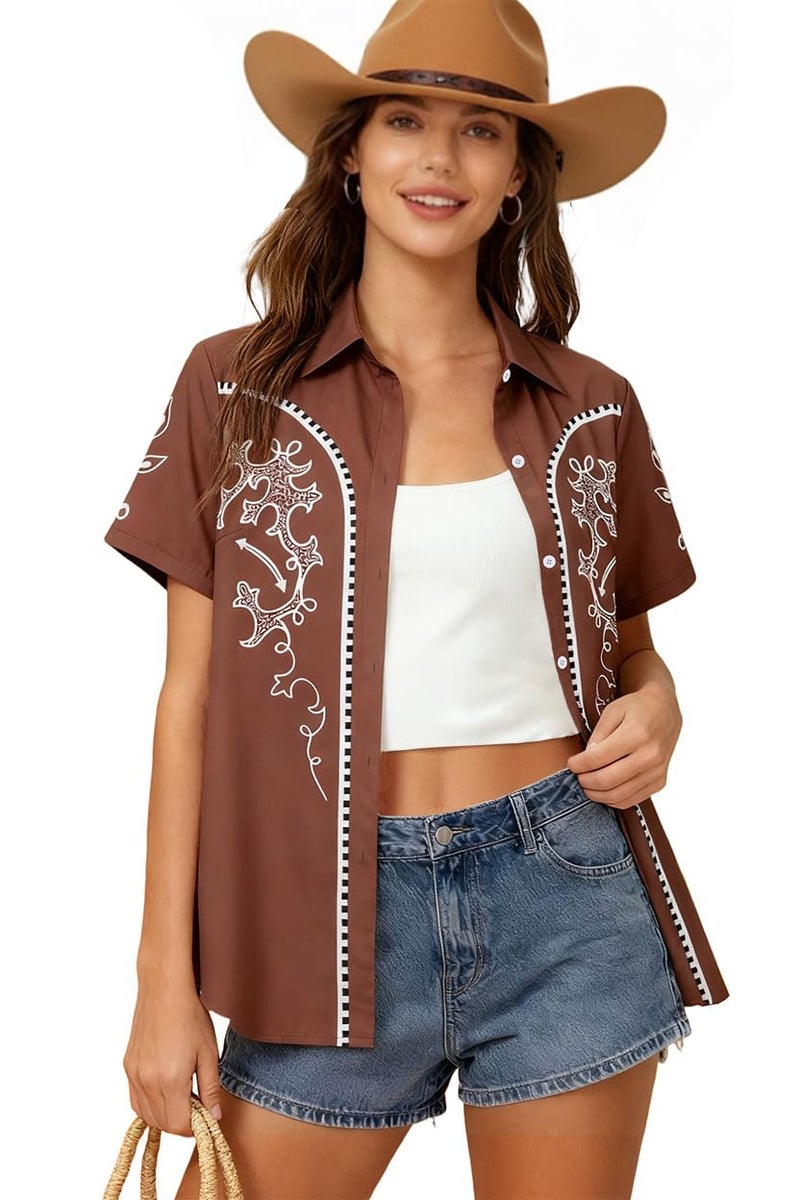 JINTING Western Shirt for Women - Vintage Cowboy Cowgirl Button Down Country Concert Outfits Print Short Sleeve Tops Brown - Image 1