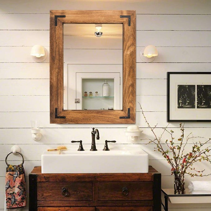 RUSTIC WOODEN FRAMED WALL MIRROR NATURAL WOOD BATHROOM VANITY MIRROR FOR FARMHOUSE DECOR VERTICAL OR HORIZONTAL HANGING