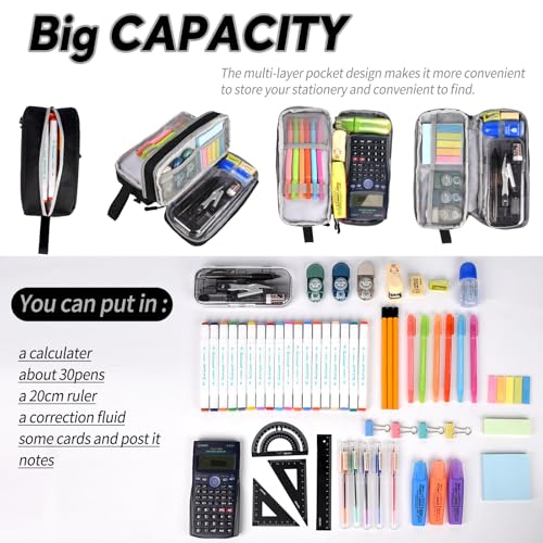 Genteen Large Capacity Pencil Case,Multifunction Pencil Pouch,Pencil Bags with Zipper 3 Compartments Pencil case organizer for or School Teen Girl Boy Men Women（Black） - Image 2