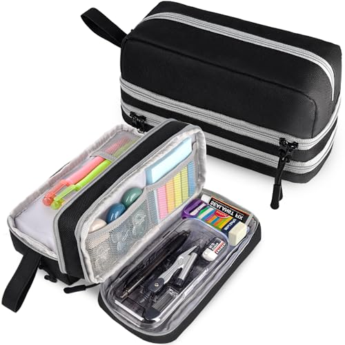 Genteen Large Capacity Pencil Case,Multifunction Pencil Pouch,Pencil Bags with Zipper 3 Compartments Pencil case organizer for or School Teen Girl Boy Men Women（Black） - Image 1
