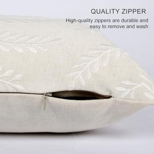 RinRinfam Embroidered Throw Pillow Cover 12x 20, Classical Boho Leaves Natural Linen Pillow Cushion Case, Farmhouse Home Decor for Outdoor Couch Bedroom Car White - Image 5