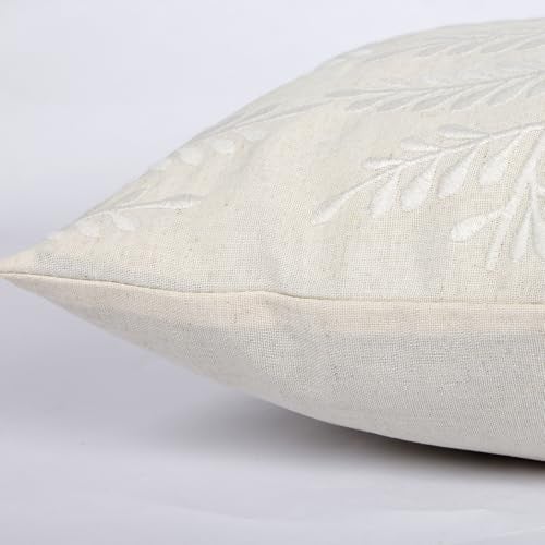RinRinfam Embroidered Throw Pillow Cover 12x 20, Classical Boho Leaves Natural Linen Pillow Cushion Case, Farmhouse Home Decor for Outdoor Couch Bedroom Car White - Image 4