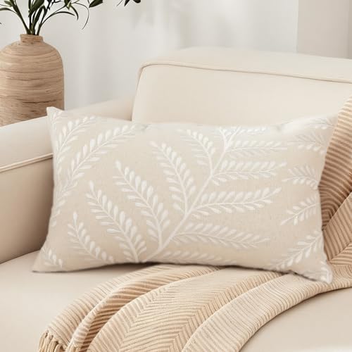 RinRinfam Embroidered Throw Pillow Cover 12x 20, Classical Boho Leaves Natural Linen Pillow Cushion Case, Farmhouse Home Decor for Outdoor Couch Bedroom Car White - Image 1
