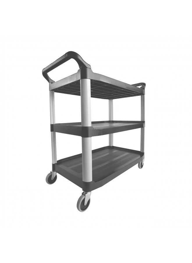 Rubbermaid Commercial Products Heavy Duty 3-Shelf Rolling Service/Utility/Push Cart, 300 lbs. Capacity, Gray, for Foodservice/Restaurant/Cleaning (FG409100GRAY)