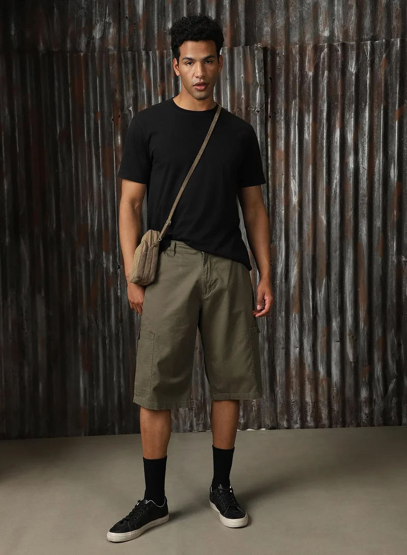 هاي ستار Men's Light Olive Cotton Blend Solid Cargo Slim Fit Shorts