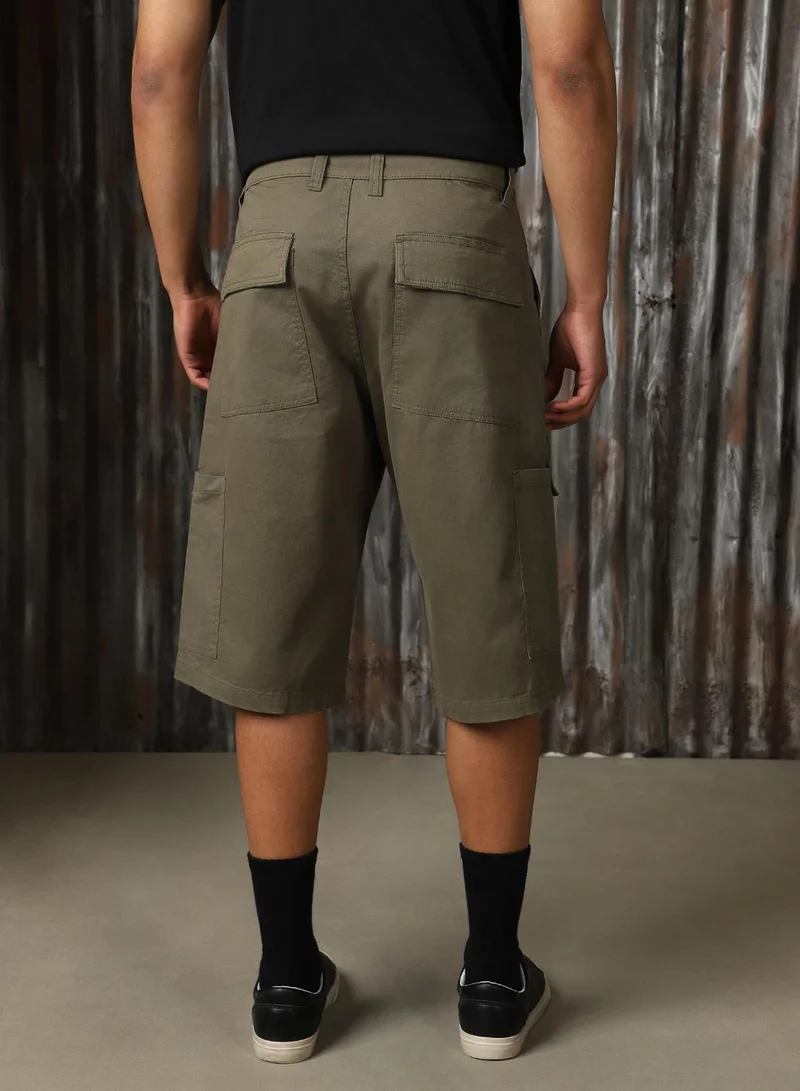 HIGH STAR Men's Light Olive Cotton Blend Solid Cargo Slim Fit Shorts