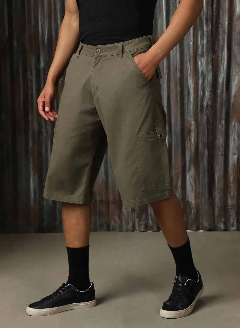 هاي ستار Men's Light Olive Cotton Blend Solid Cargo Slim Fit Shorts