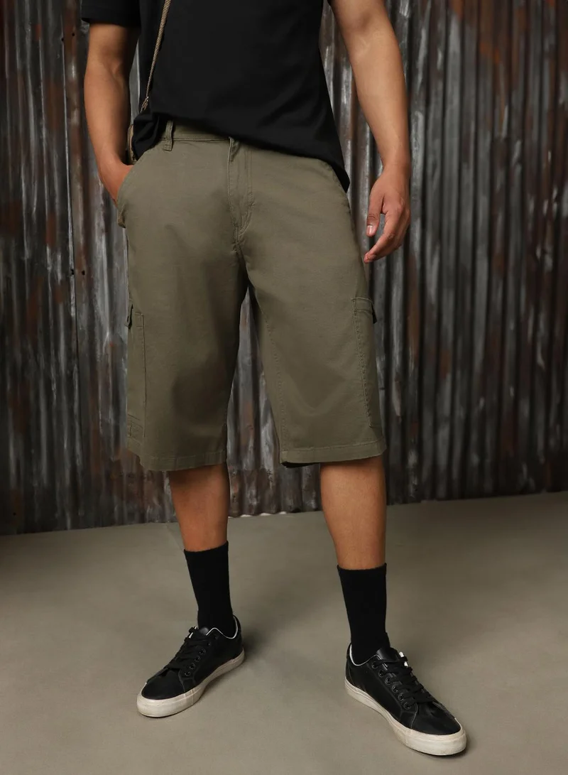 HIGH STAR Men's Light Olive Cotton Blend Solid Cargo Slim Fit Shorts