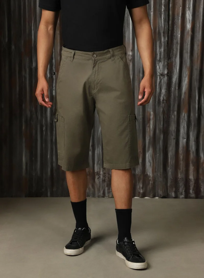 HIGH STAR Men's Light Olive Cotton Blend Solid Cargo Slim Fit Shorts
