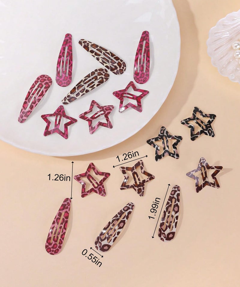TEBIEKOY Metal Snap Hair Clips,8 Pairs Hair Barrettes for Women - Star & Water Drop Hair Barrettes, Non-Slip Y2K Accessories for Thin Thick Hair,Pink and Brown Leopard Print - Image 4
