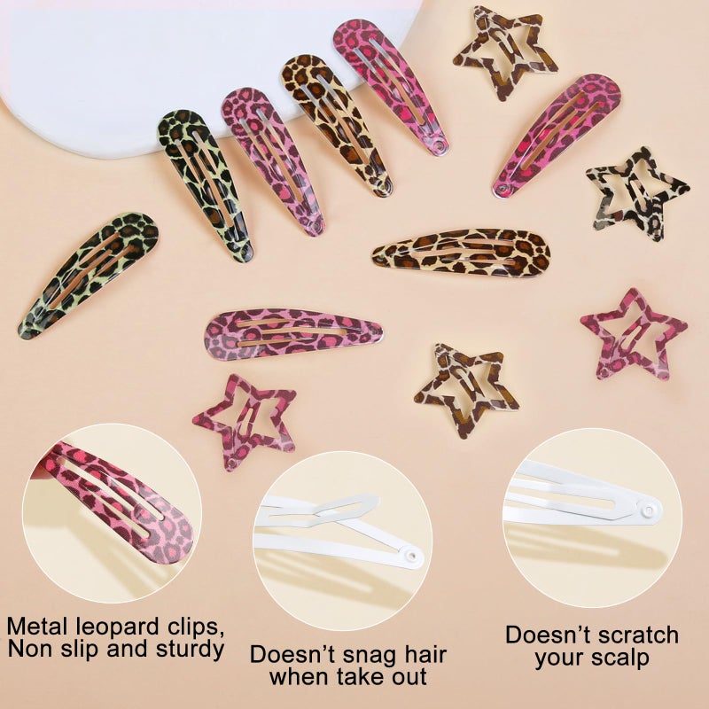 TEBIEKOY Metal Snap Hair Clips,8 Pairs Hair Barrettes for Women - Star & Water Drop Hair Barrettes, Non-Slip Y2K Accessories for Thin Thick Hair,Pink and Brown Leopard Print - Image 3