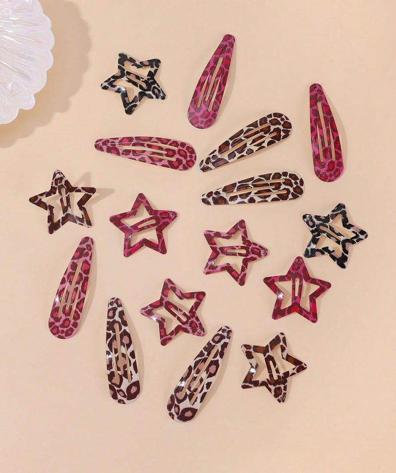 TEBIEKOY Metal Snap Hair Clips,8 Pairs Hair Barrettes for Women - Star & Water Drop Hair Barrettes, Non-Slip Y2K Accessories for Thin Thick Hair,Pink and Brown Leopard Print - Image 1