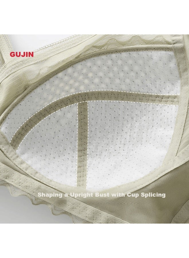 Gujin Women's Lace Mesh U-shaped Breathable Honeycomb Cup Wireless Large Bust Minimizing Bra - Image 5