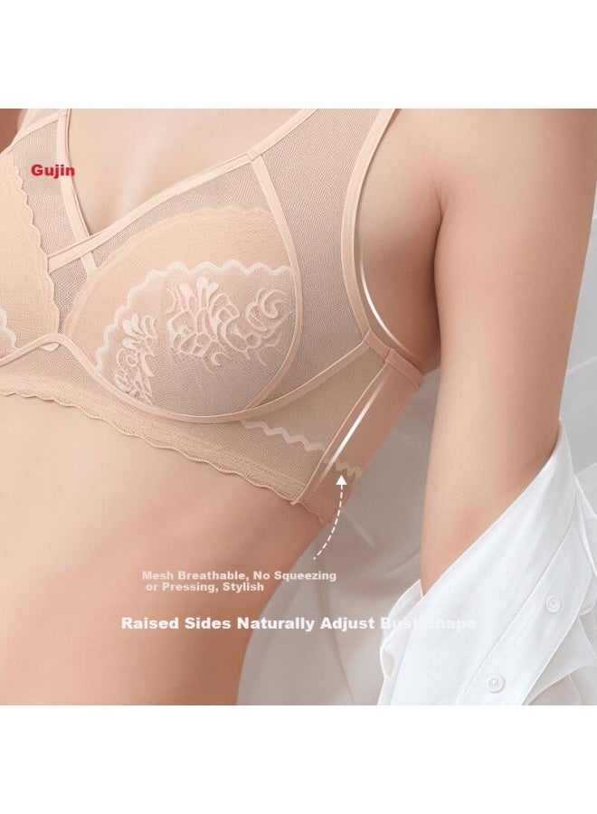 Gujin Women's Lace Mesh U-shaped Breathable Honeycomb Cup Wireless Large Bust Minimizing Bra - Image 3