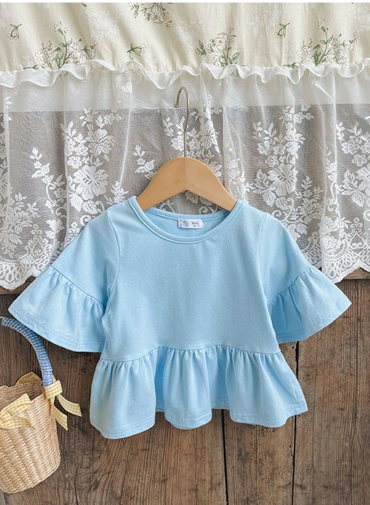 Loquat Girl's Flared Short Sleeve Crew Neck T-Shirt Cotton Ruffled Tees Blue  - Image 1