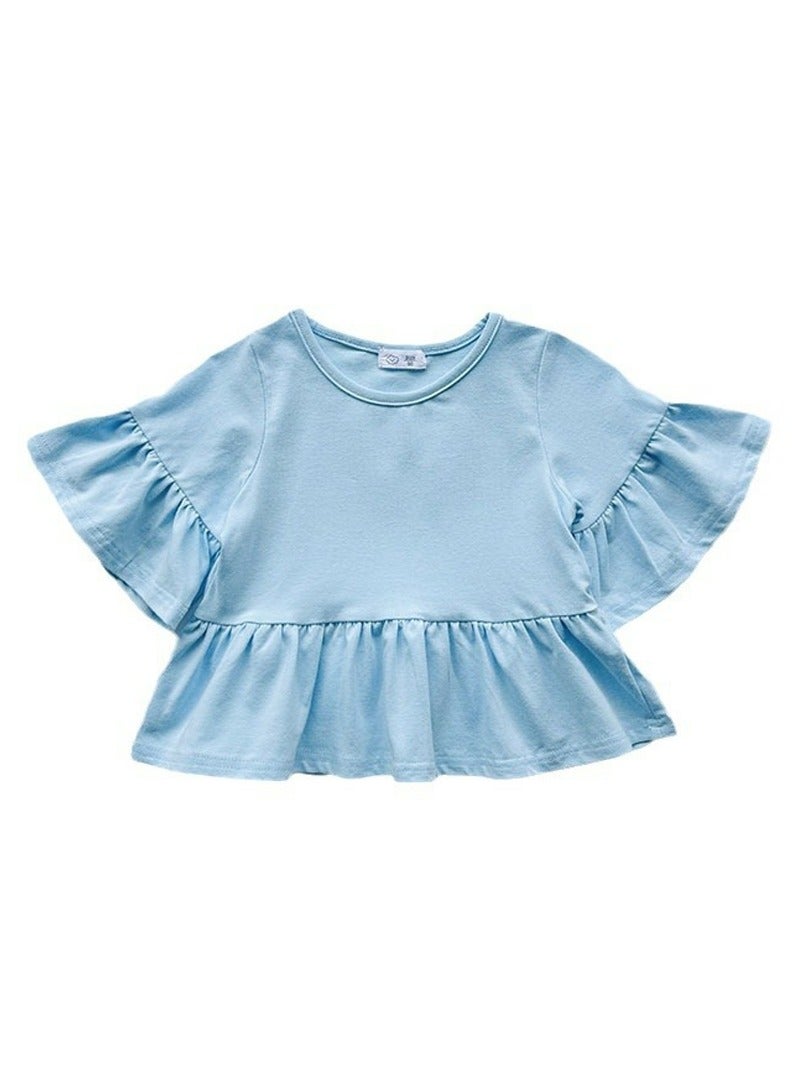Loquat Girl's Flared Short Sleeve Crew Neck T-Shirt Cotton Ruffled Tees Blue  - Image 2