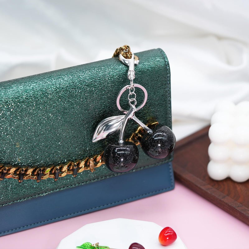 SKYFUN Cherry Keychain for Women Glitter Cherry Bag Charm Key Chain for Purse Wallet Handbag Backpack Jewelry Accessories Gift for Birthday Christmas, Silver Black - Image 2