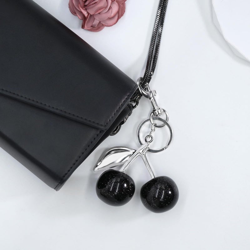 SKYFUN Cherry Keychain for Women Glitter Cherry Bag Charm Key Chain for Purse Wallet Handbag Backpack Jewelry Accessories Gift for Birthday Christmas, Silver Black - Image 3