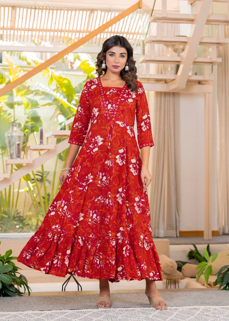 LAVANDIS Womens Printed Rayon Anarklai Kurta for Casual Wear Girls Long Gown Kurti Red - Image 3
