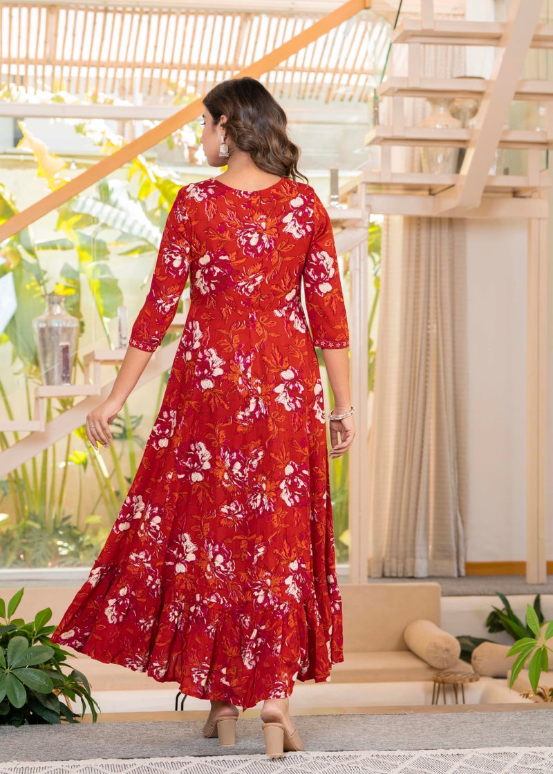 LAVANDIS Womens Printed Rayon Anarklai Kurta for Casual Wear Girls Long Gown Kurti Red - Image 2