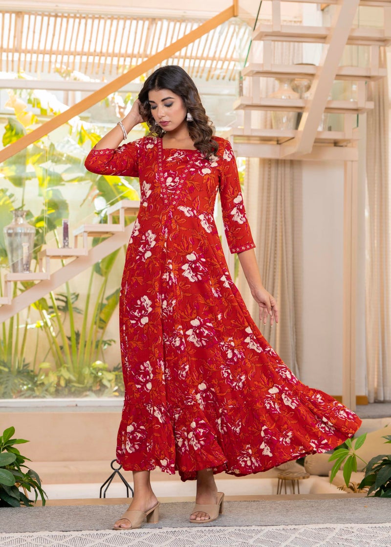 LAVANDIS Womens Printed Rayon Anarklai Kurta for Casual Wear Girls Long Gown Kurti Red - Image 4