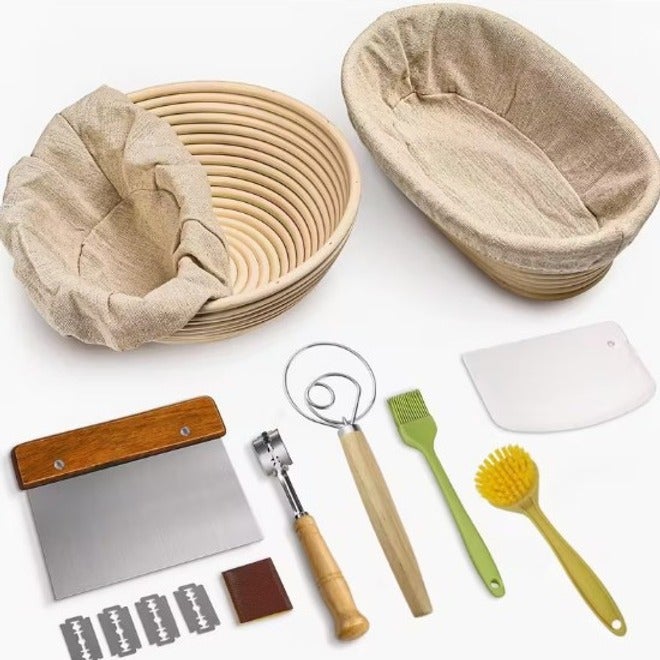 Bread Proofing Basket Set with Dough Scraper, Rolling Pin, and Pastry Mat - 13 Piece Baking Tool Kit