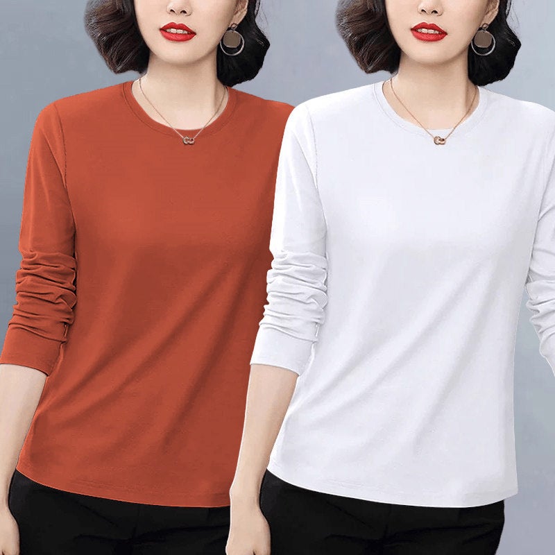 Pure cotton casual popular long-sleeved t-shirt for women's autumn 2025 new loose plus-size versatile age-reducing top with front shoulder - Image 3
