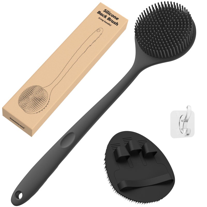 Manmihealth Silicone Back ScrubberThin Bristles Soft Bath Glove Set SuperCleaning Body Scrubber SuperLathering Shower Brush Combination with a Free Hook Black