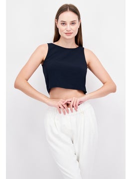 ESPRIT Women Crew Neck Short Sleeve Textured Top, Navy  - Image 1