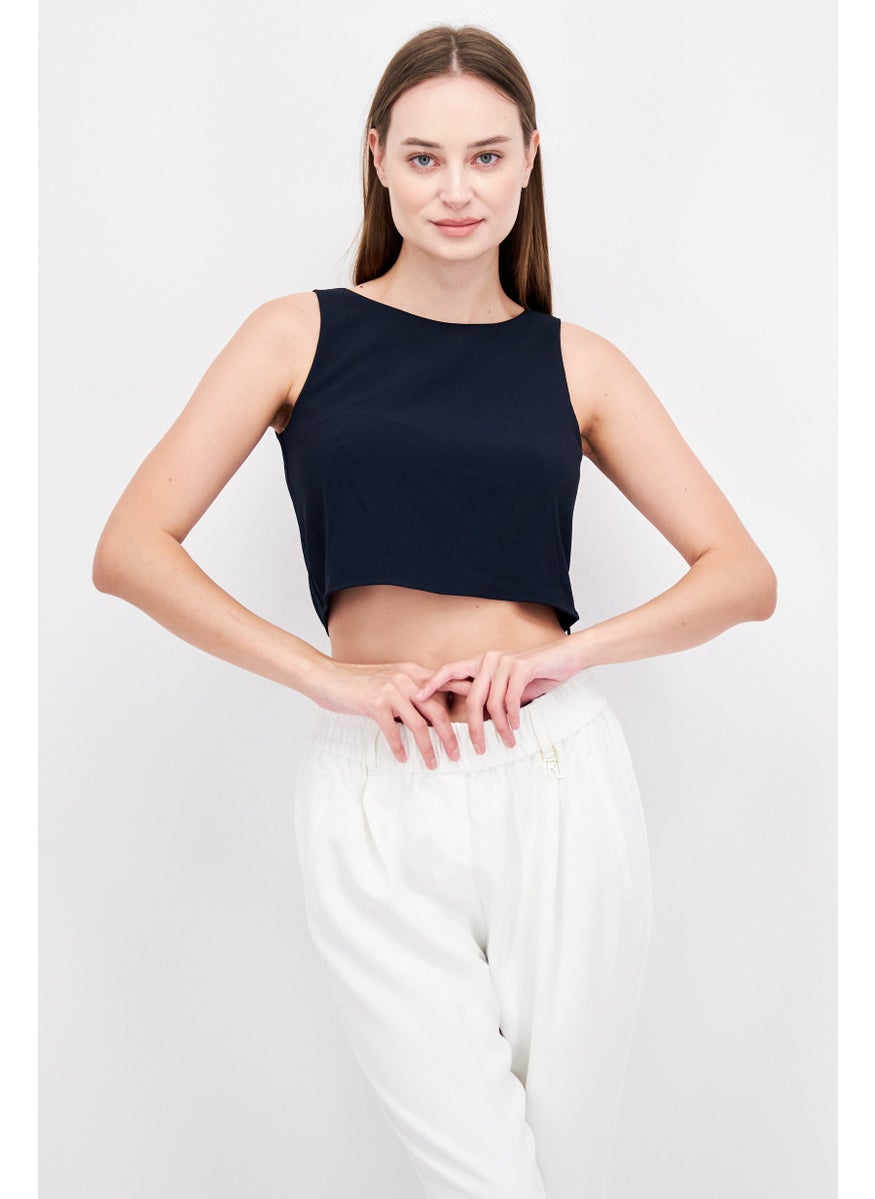 ESPRIT Women Crew Neck Short Sleeve Textured Top, Navy  - Image 1