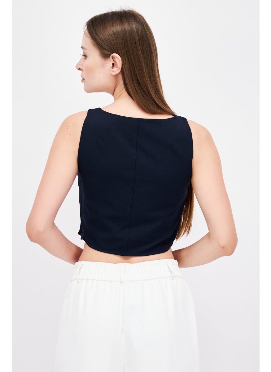 ESPRIT Women Crew Neck Short Sleeve Textured Top, Navy  - Image 4