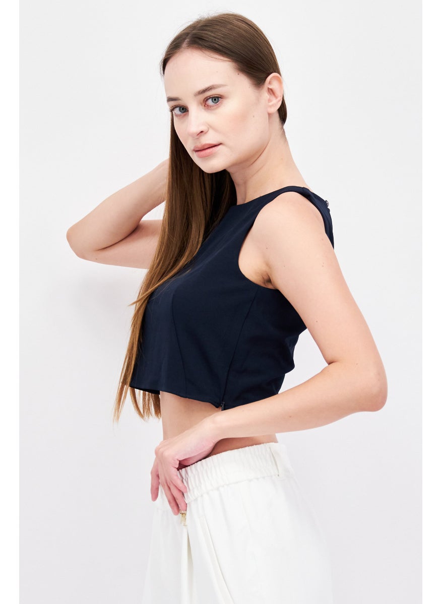 ESPRIT Women Crew Neck Short Sleeve Textured Top, Navy  - Image 2
