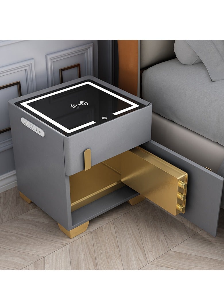طاولة جانبية ذكية مع درج وخزنة، طاولات بجانب السرير بإضاءة LED مع محطة شحن، طاولة جانبية، طاولة ليلية حديثة لغرفة النوم والمكتب (اللون: رمادي فاتح، المقاس: 13.8x15.7x19.7 بوصة) - Image 1