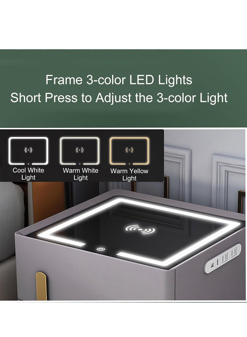 طاولة جانبية ذكية مع درج وخزنة، طاولات بجانب السرير بإضاءة LED مع محطة شحن، طاولة جانبية، طاولة ليلية حديثة لغرفة النوم والمكتب (اللون: رمادي فاتح، المقاس: 13.8x15.7x19.7 بوصة) - Image 4