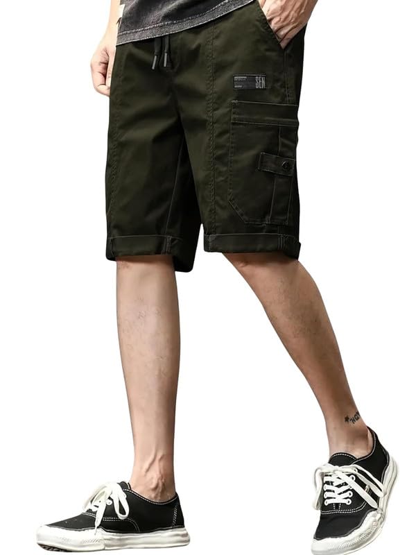 NoseQueen Men Fashion Cotton Shorts Pant for Men, Drawstring Waist Casual Half Pant for Man, Relaxed Fit Green - Image 5