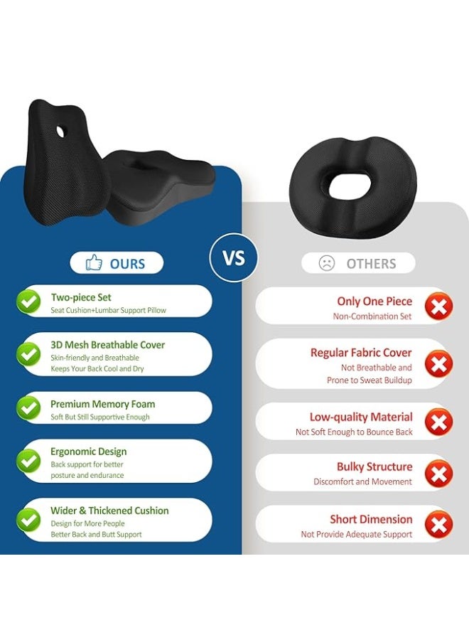 Seat Cushion & Lumbar Support Pillow – Memory Foam Ergonomic Coccyx Cushion for Office Chair, Sciatica, Back & Tailbone Pain Relief, Black - Image 3