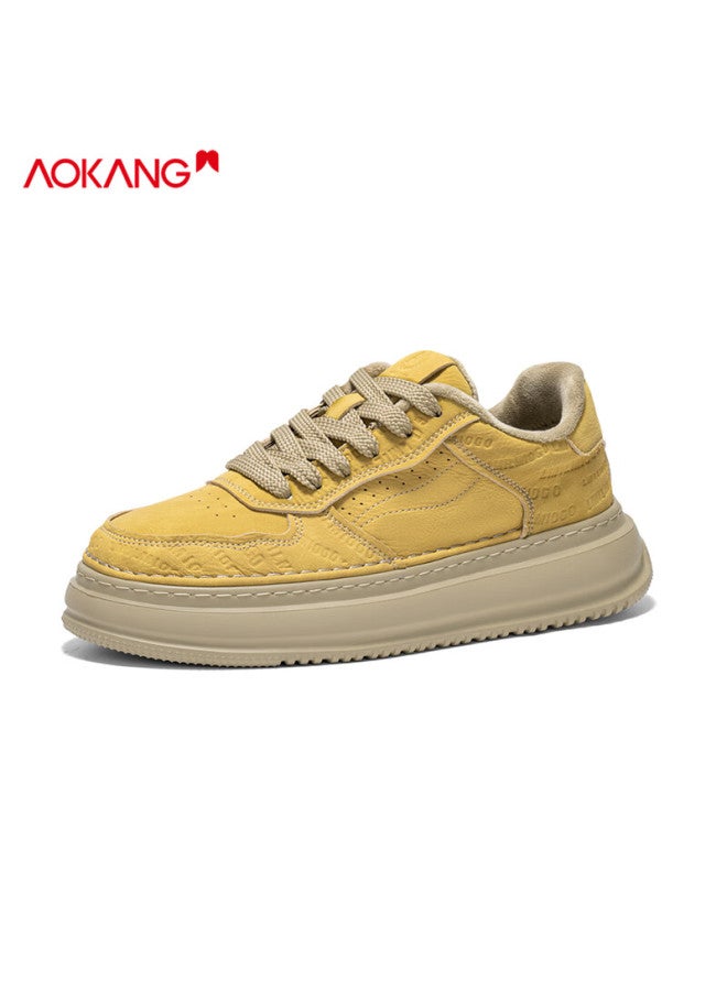 Aokang Men's Casual Sneakers Autumn Winter Fashion Versatile Plush Cotton Shoes Pine Yellow Embossed Plush Size 41 - Image 1