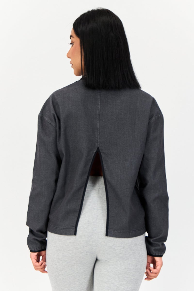 Reebok ملابس رياضية نسائية بأكمام طويلة مناسبة، رمادي داكن - Image 3