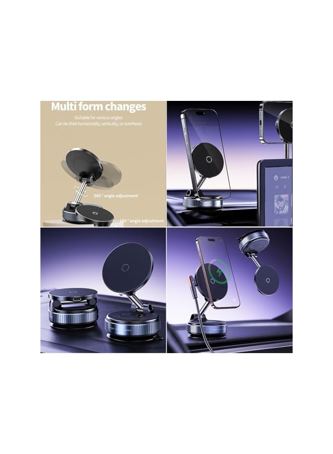 Green Tiger 15W Wireless Charger Car Mount, Vacuum Magnetic Phone Holder for Mag-Safe, 360° Adjustable & Foldable Car Mount for Car Screen Dashboard/Windshield/Smooth Surface, Compatible with i-Phone - Image 3