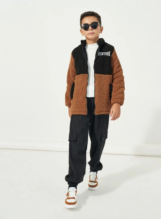 Styli Colorblock Embroidered Teddy Fuzzy Jacket