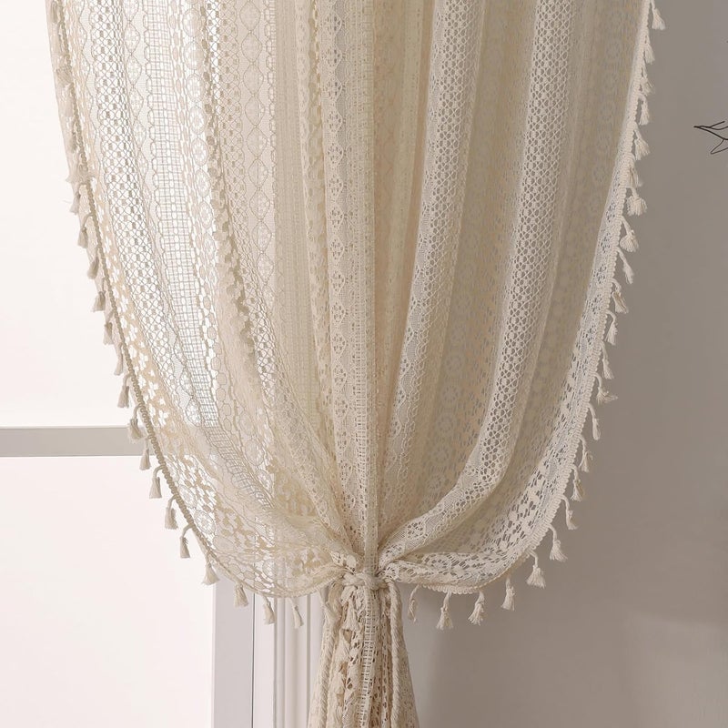 WAZZIO French Country Cottage Curtains 72 Inches Long - Beige Elegant Rod Pocket Tassel Sheer Panel Light Filtering & Privacy, Bohemian Drape for Kitchen, Bedroom & Living Room (1 Panel, W59 x L72) - Image 1