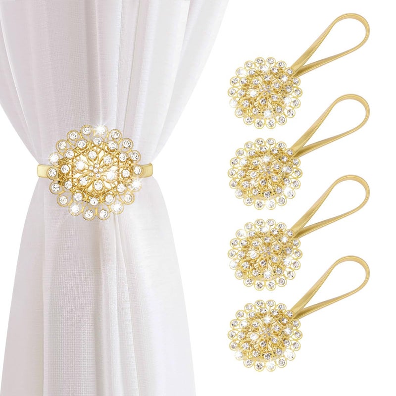 AULEEP Magnetic Curtain Tiebacks, 4 Pack Magnetic Crystal Decorative Drapes Curtain Clips Buckle, Flower Curtain Tie Back, European and American Style (Gold) - Image 1