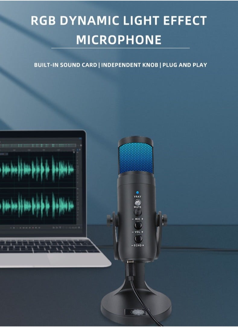 ماركة غير محددة - JD-950 ميكروفون الألعاب ، ميكروفون بودكاست كوندينسر USB مع إضاءة RGB ، حساس للكتم باللمس ، نمط قطبي قلبي للألعاب / البث / البودكاست / تويتش / يوتيوب / ديسكورد - Image 1