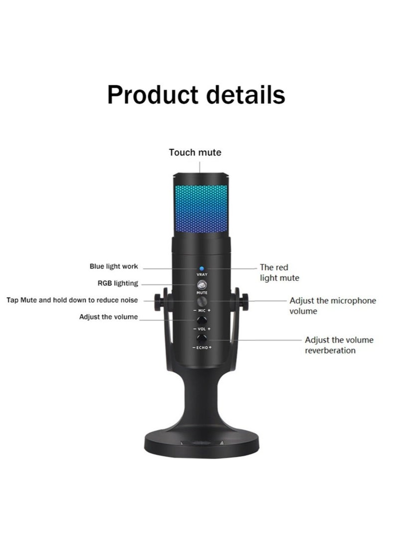 ماركة غير محددة - JD-950 ميكروفون الألعاب ، ميكروفون بودكاست كوندينسر USB مع إضاءة RGB ، حساس للكتم باللمس ، نمط قطبي قلبي للألعاب / البث / البودكاست / تويتش / يوتيوب / ديسكورد - Image 1