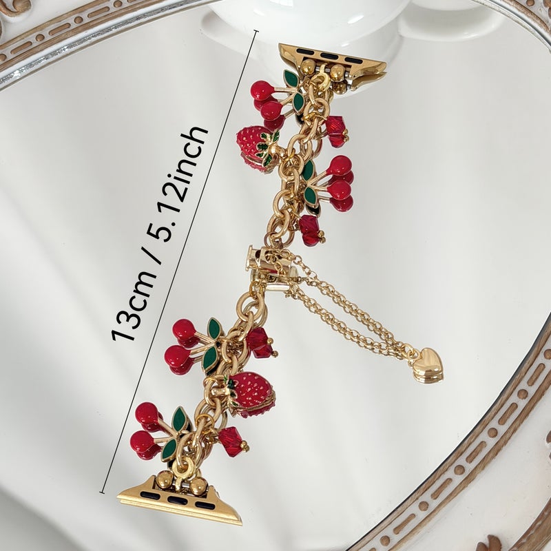 Stylish Golden Red Cherry And Strawberry Fruit Pendant Metal Watch Band For Women Compatible With Apple Watch 42 44 45 49 46mm S10 S11 - Image 2