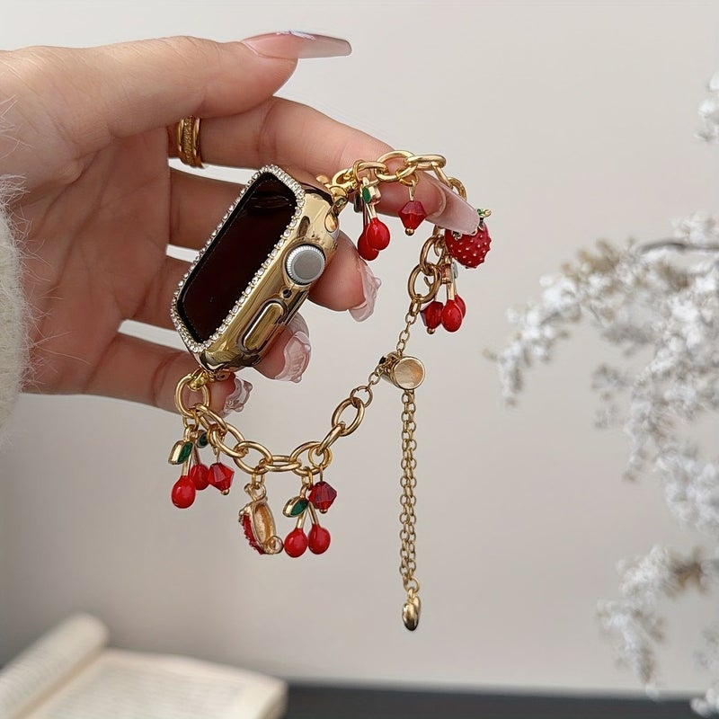 Stylish Golden Red Cherry And Strawberry Fruit Pendant Metal Watch Band For Women Compatible With Apple Watch 42 44 45 49 46mm S10 S11 - Image 3